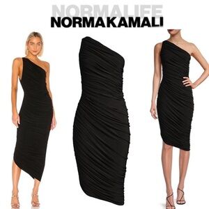 Norma Kamali Diana Ruched One-Shoulder Midi-Dress in Black sz S 215$